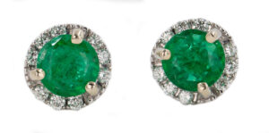 14 Karat White Gold Emerald and Diamond Halo Studs