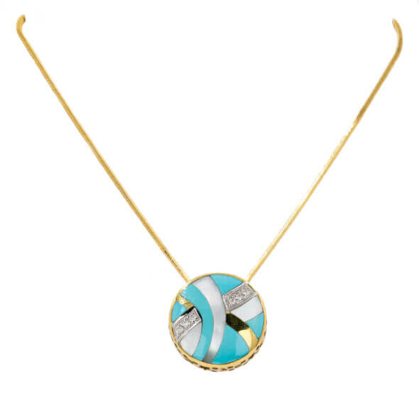 Turquoise Pendant with Mother of Pearl & Diamonds, in 14 Karat Yellow