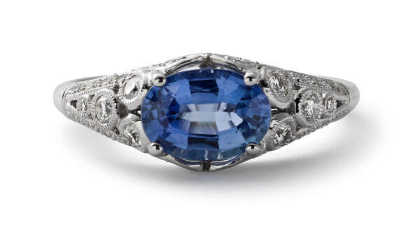 14 Karat White Gold Edwardian Style Sapphire and Diamond Ring Front View