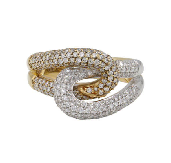 14 Karat White and Yellow Gold Pave Diamond Knot Ring front view