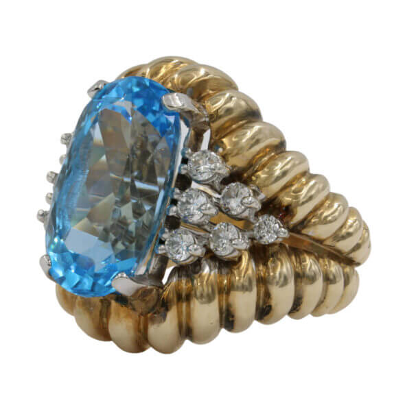 14 Karat White and Yellow Gold Diamond and Swiss Blue Topaz Ring Left Side