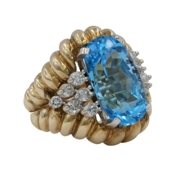 14 Karat White and Yellow Gold Diamond and Swiss Blue Topaz Ring Right Side