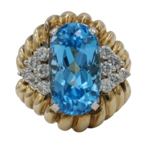 14 Karat White and Yellow Gold Diamond and Swiss Blue Topaz Ring Front View