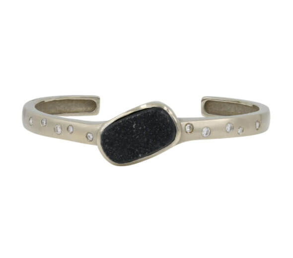 14 Karat White Gold, Druzy Quartz, and Diamond Bangle Bracelet front view