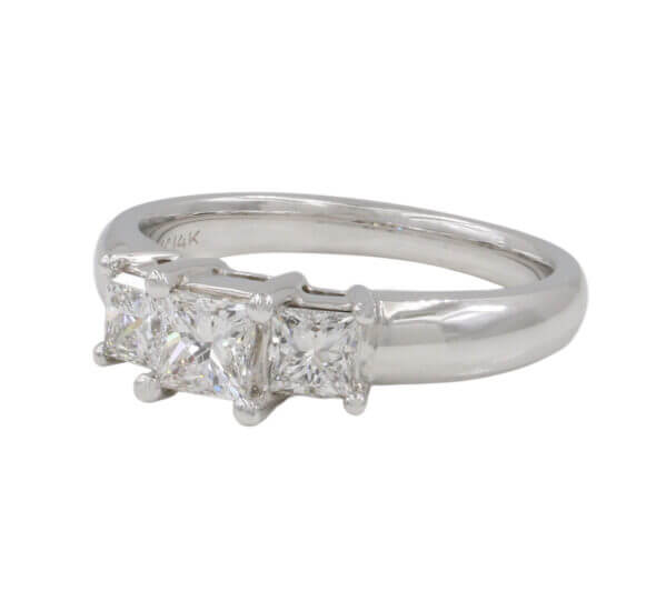 14 Karat White Gold Three Stone Princess Cut Diamond Engagement Ring left side