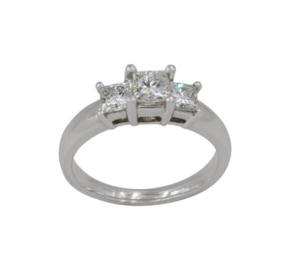 14 Karat White Gold Three Stone Princess Cut Diamond Engagement Ring front view