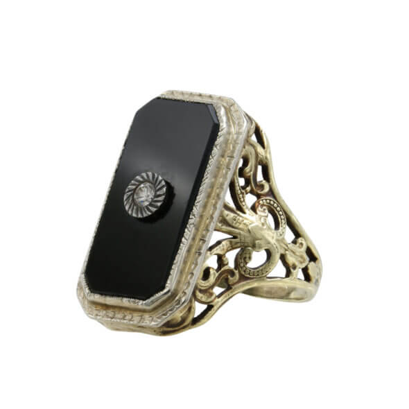 14 Karat White Gold Diamond and Onyx Filigree Ring