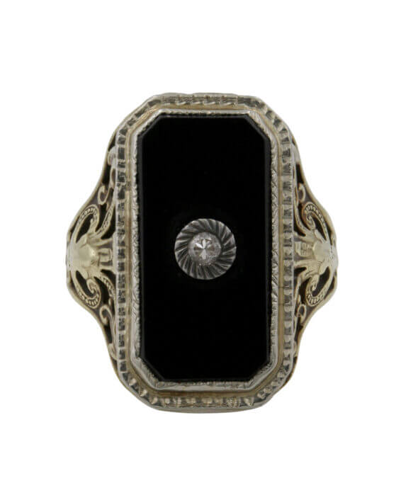 14 Karat White Gold Diamond and Onyx Filigree Ring