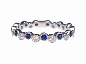 14 Karat White Gold Alternating Sapphire and Diamond Bubble Band front view
