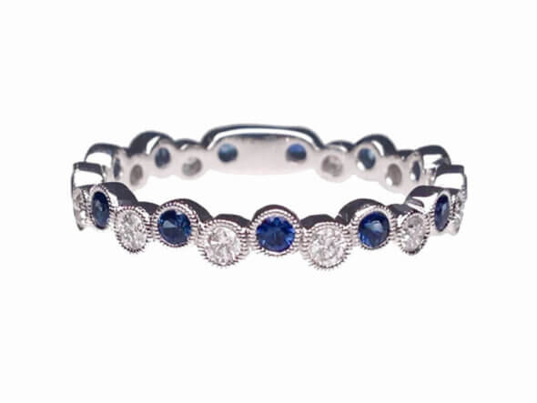 14 Karat White Gold Alternating Sapphire and Diamond Bubble Band front view