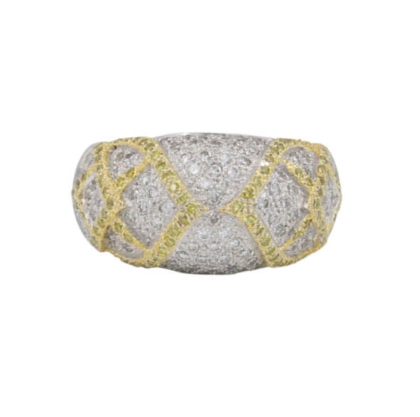 18 Karat Two Tone, White and Yellow Diamond Crisscross Pavé Ring front view