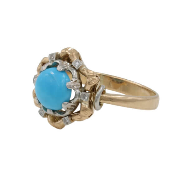 Two Toned Double Halo Mid Century Diamond | Turquoise Ring side view