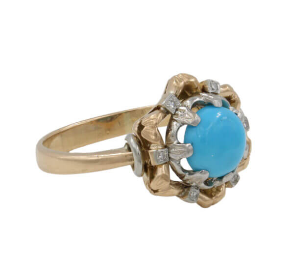 Two Toned Double Halo Mid Century Diamond | Turquoise Ring side view