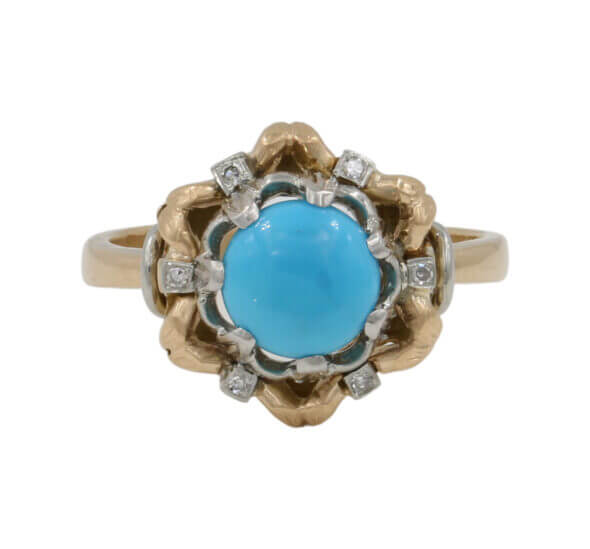 Two Toned Double Halo Mid Century Diamond | Turquoise Ring front view