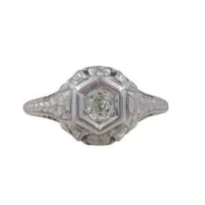 18 Karat White Gold Old Mine Cut Diamond Engagement Ring