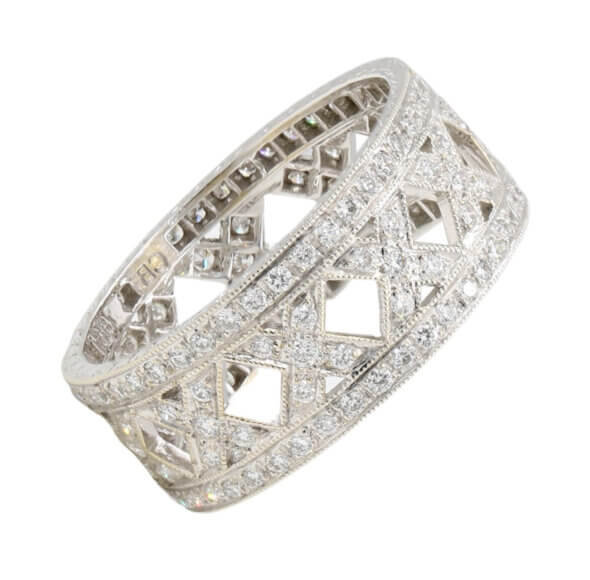 18 Karat White Gold Diamond "X" Pattern Eternity Band side view