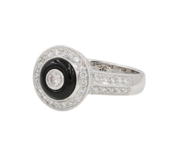 18 Karat White Gold Onyx Halo and Diamond Ring