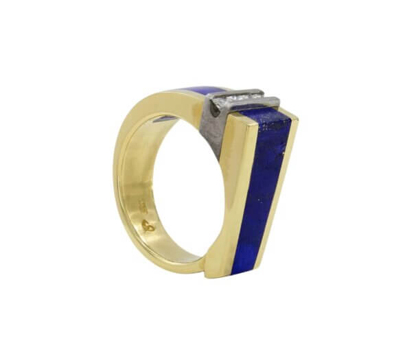 18 Karat Yellow Gold, Meteorite Lapis and Diamond Men's Ring inside