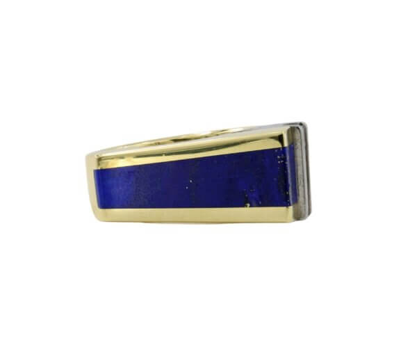 18 Karat Yellow Gold, Meteorite Lapis and Diamond Men's Ring left side