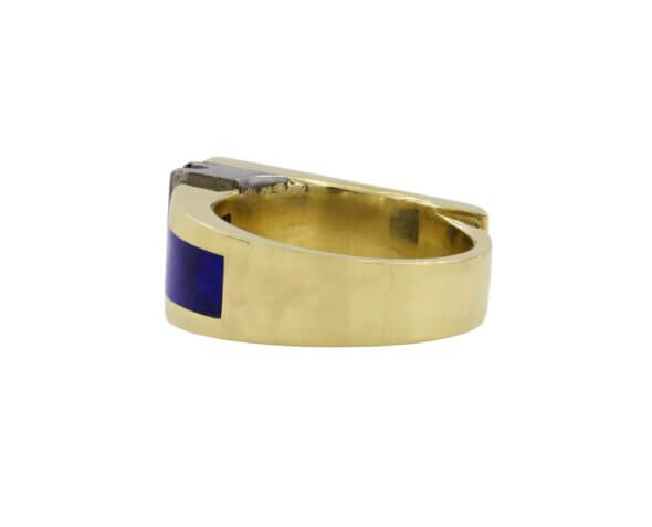 18 Karat Yellow Gold, Meteorite Lapis and Diamond Men's Ring back view