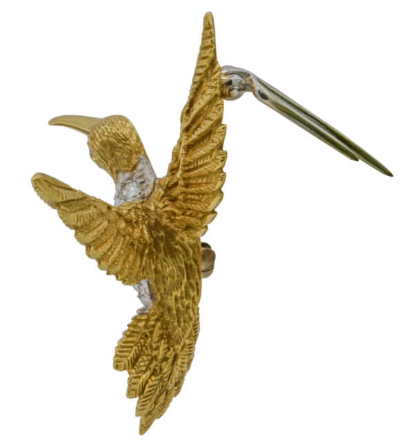 18 Karat Yellow Gold and Platinum Diamond Hummingbird Brooch