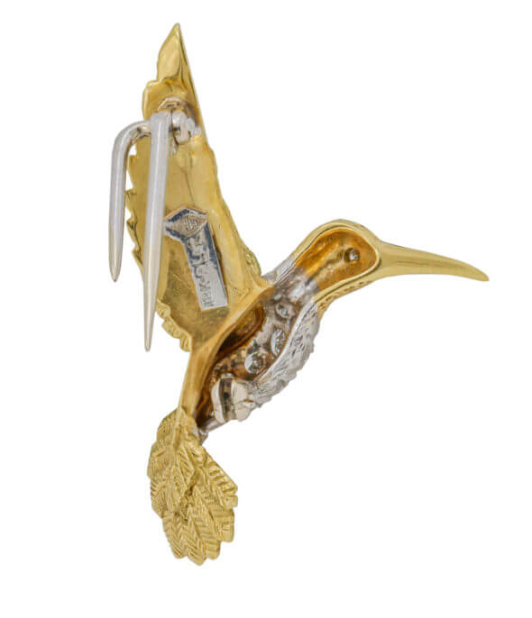 18 Karat Yellow Gold and Platinum Diamond Hummingbird Brooch