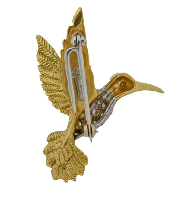 18 Karat Yellow Gold and Platinum Diamond Hummingbird Brooch