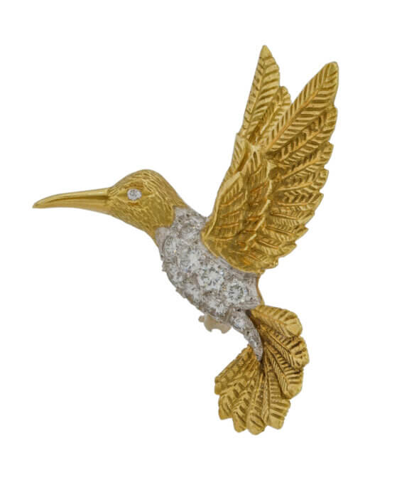 18 Karat Yellow Gold and Platinum Diamond Hummingbird Brooch