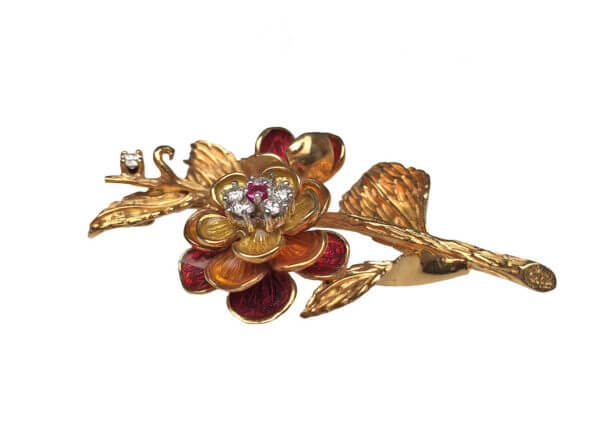 18 Karat Yellow Gold Diamond, Ruby and Enamel Flower Brooch