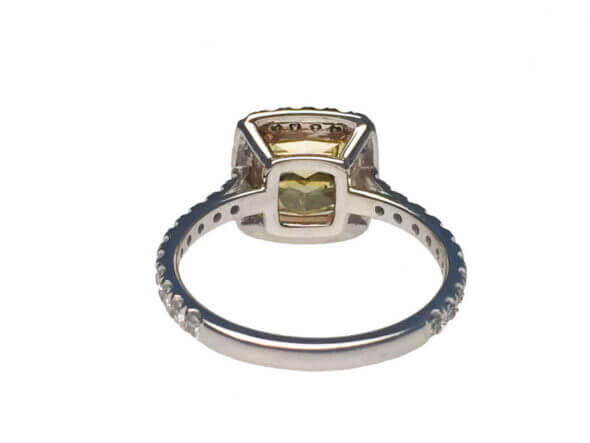 18 Karat White Gold 2.22 Carat Fancy Intense Yellow Diamond Halo Ring back view