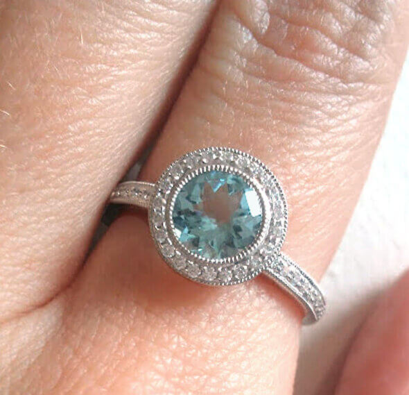 14 Karat White Gold Aquamarine and Diamond Ring