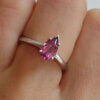 14 Karat White Gold Pear Shaped Pink Tourmaline Solitaire Ring on finger