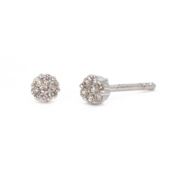 White Gold Small Diamond Cluster Earrings front and side view