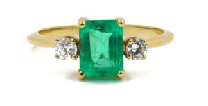 14 Karat Yellow Gold Emerald Cut Emerald | Diamond Ring front view