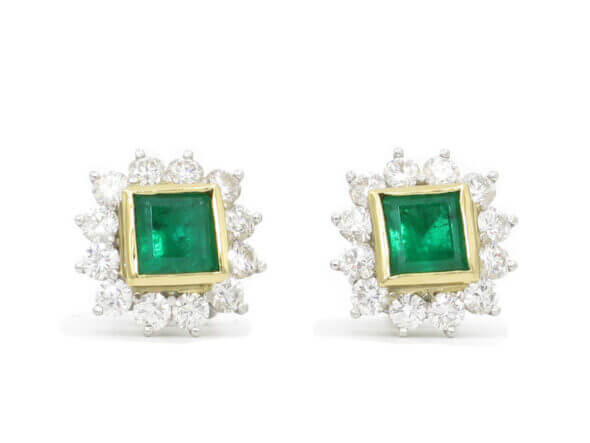 Platinum and 18 Karat Yellow Gold Emerald and Diamond Cluster Earrings