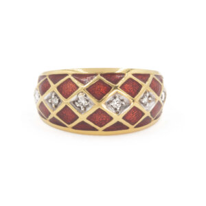 18 Karat Yellow Gold Red Enamel and Diamond Criss Cross Ring