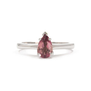14 Karat White Gold Pear Shaped Pink Tourmaline Solitaire Ring front view