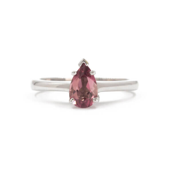 14 Karat White Gold Pear Shaped Pink Tourmaline Solitaire Ring front view