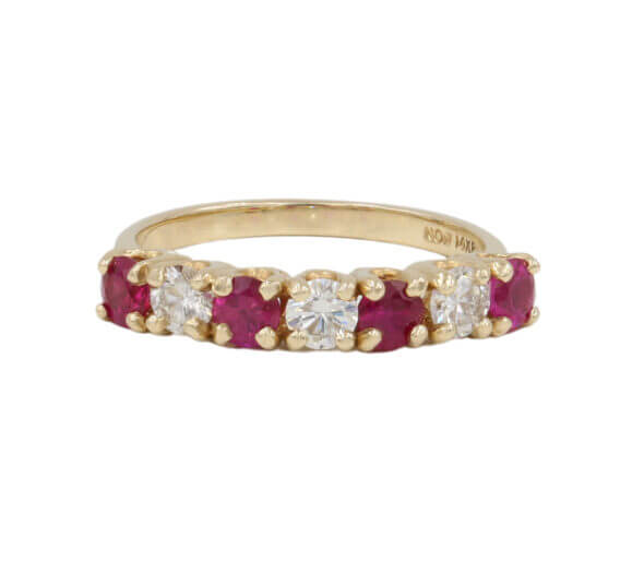 14 Karat Yellow Gold Ruby and Diamond Seven Stone Band front view