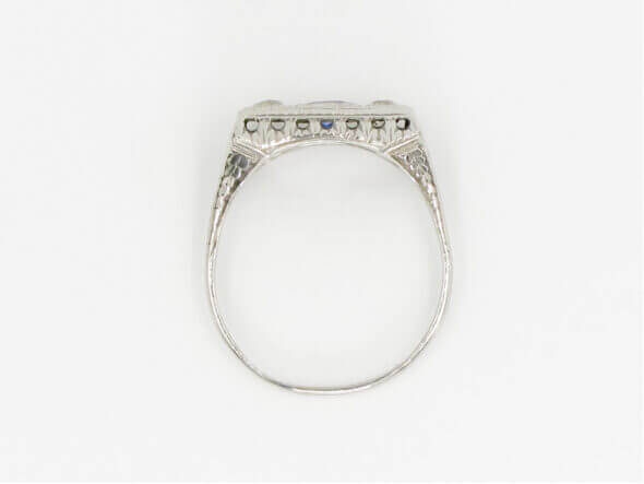 18 Karat White Gold Art Deco Diamond and Sapphire Three Stone Ring top view