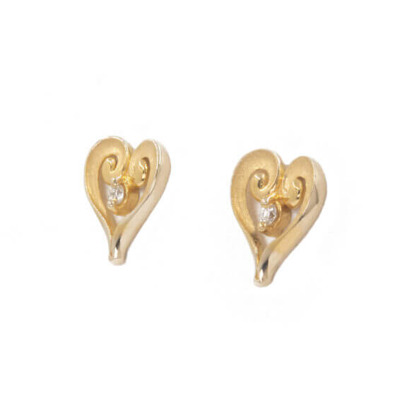 Yellow Gold Heart Earrings with Diamonds front view