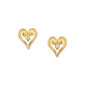 Yellow Gold Heart Earrings with Diamonds front view