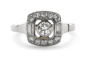 Mid Century 14 Karat White Gold Diamond Ring front view