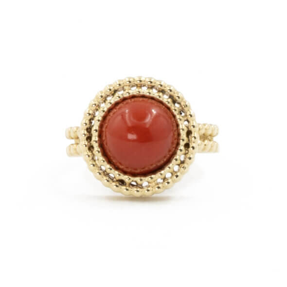 14 Karat Yellow Gold Round Cabochon Coral Ring