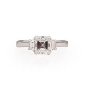 Custom Made Platinum Emerald Cut Diamond Engagement Ring With Trapezoid Cut Side Diamonds