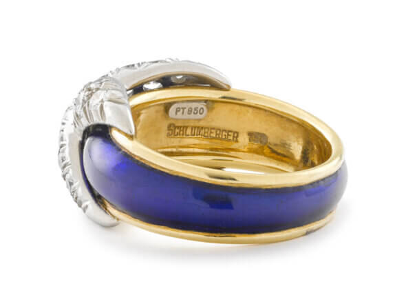 Tiffany & Co. by Schlumberger 18 Karat Yellow Gold with Blue Enamel and Diamond Set Platinum 'X" Ring