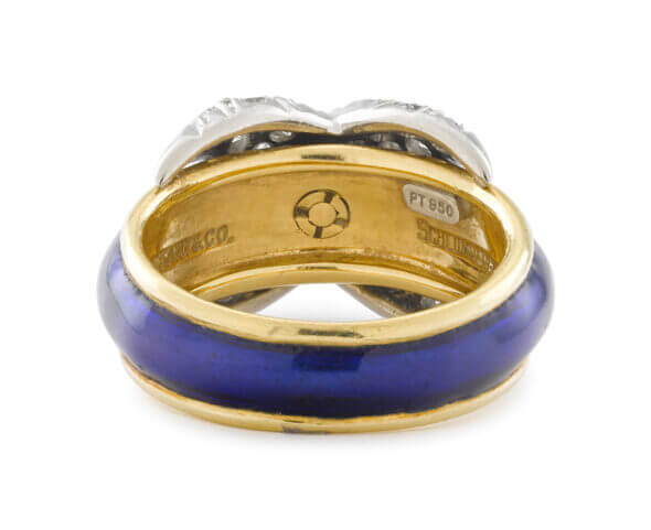 Tiffany & Co. by Schlumberger 18 Karat Yellow Gold with Blue Enamel and Diamond Set Platinum 'X" Ring