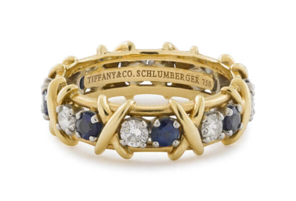 Tiffany & Co. Schlumberger Sixteen Stone Ring with Diamonds and Sapphires showing Tiffany stamp