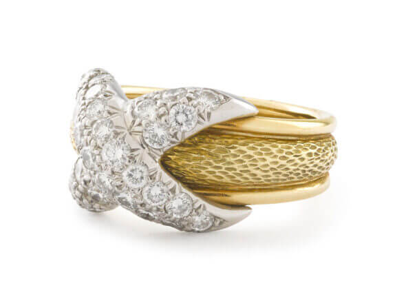 Tiffany & Co. by Schlumberger 18 Karat Yellow Gold with Diamond Set Platinum 'X" Ring front view