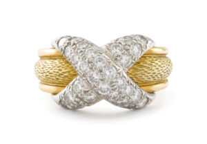 Tiffany & Co. by Schlumberger 18 Karat Yellow Gold with Diamond Set Platinum 'X" Ring